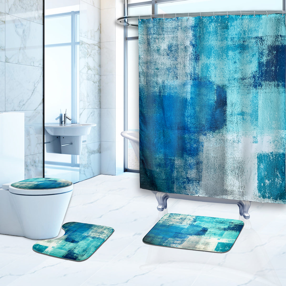 4-Piece Abstract Bathroom Set: Shower Curtain, Rugs, Non-Slip Bath