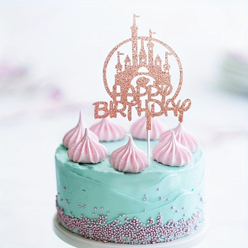 Golden Glitter Castle Birthday Cake Topper