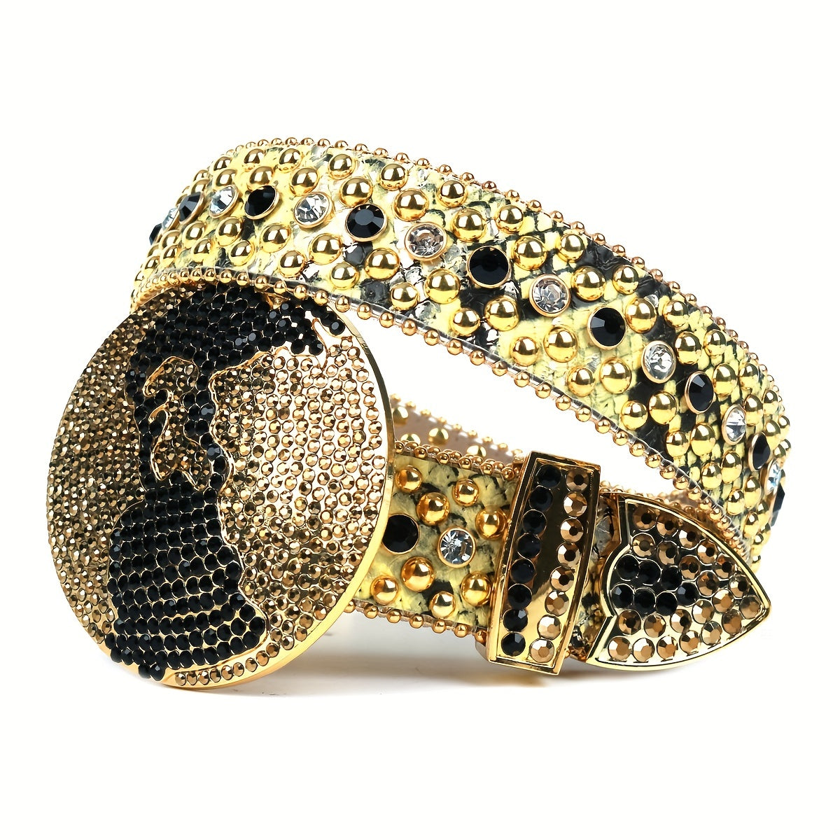 Yellow Sparkly Belt Y2K Punk Rivet Belts Rhinestone Round Buckle Belt