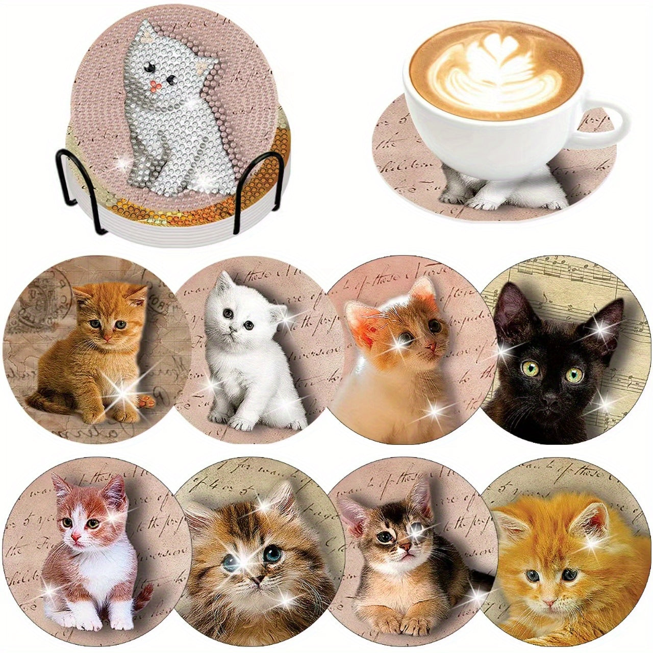 8pcs 3D Cats Diamond Painting Coasters Kits with Holder DIY Cat Diamond Art