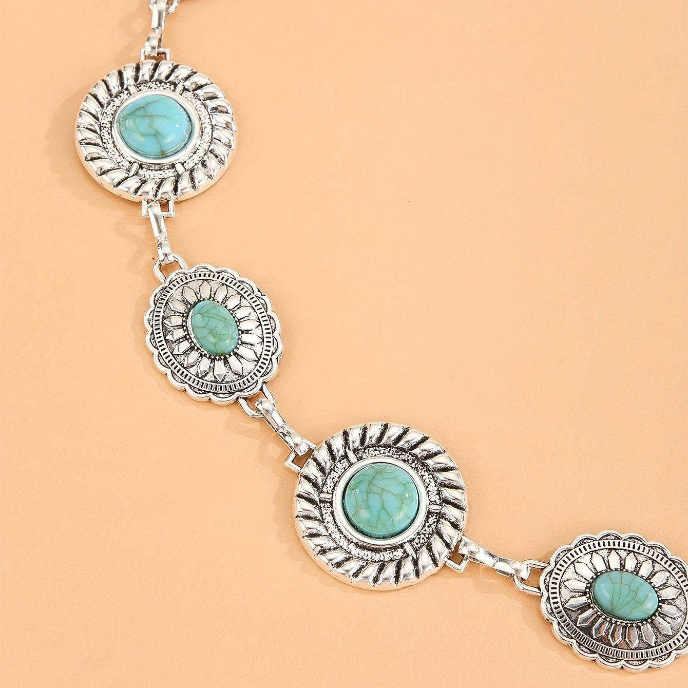 Boho Turquoise Silvery Waist Chain Vintage Western Metal Chain Belt Dress Girdle