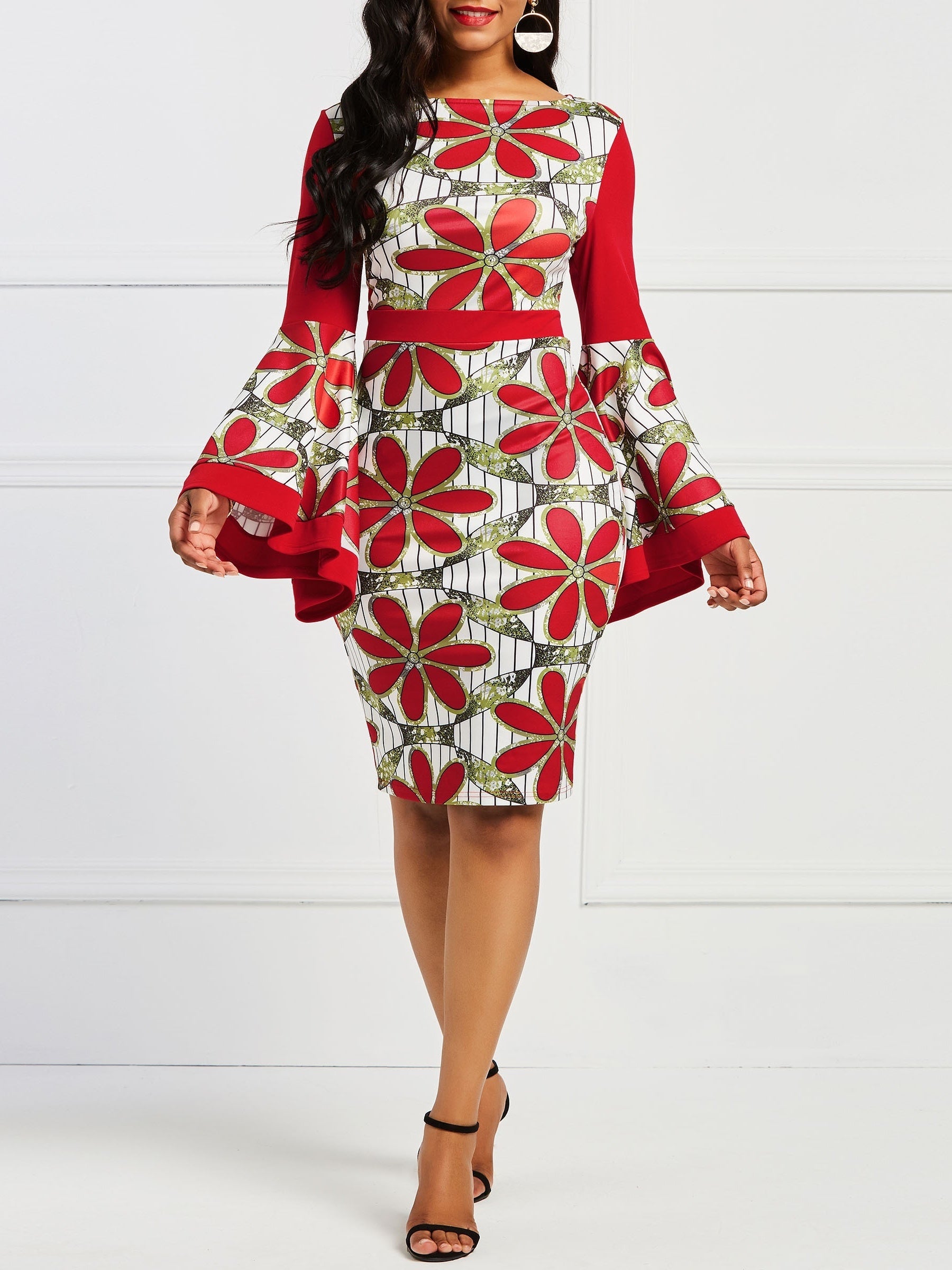  Geometric Print Bell Sleeve Round Neck Dress