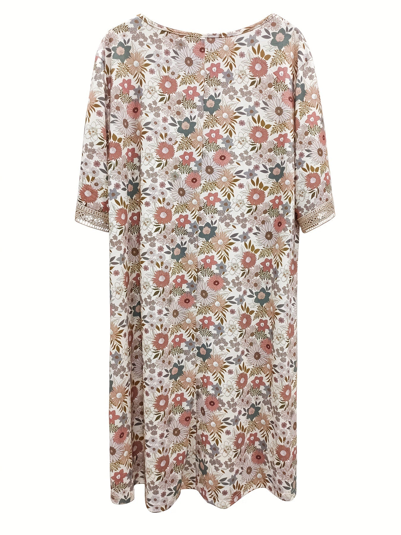  Floral Print Lace Sleeve V Neck Pleated Dress With Pockets