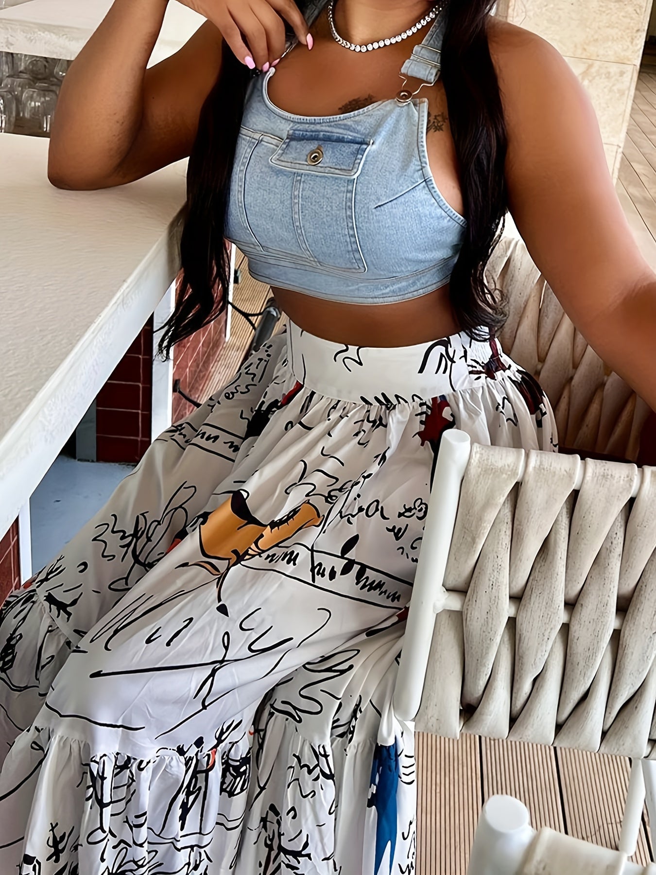  Graffiti Print High Rise Maxi Skirt with Pockets