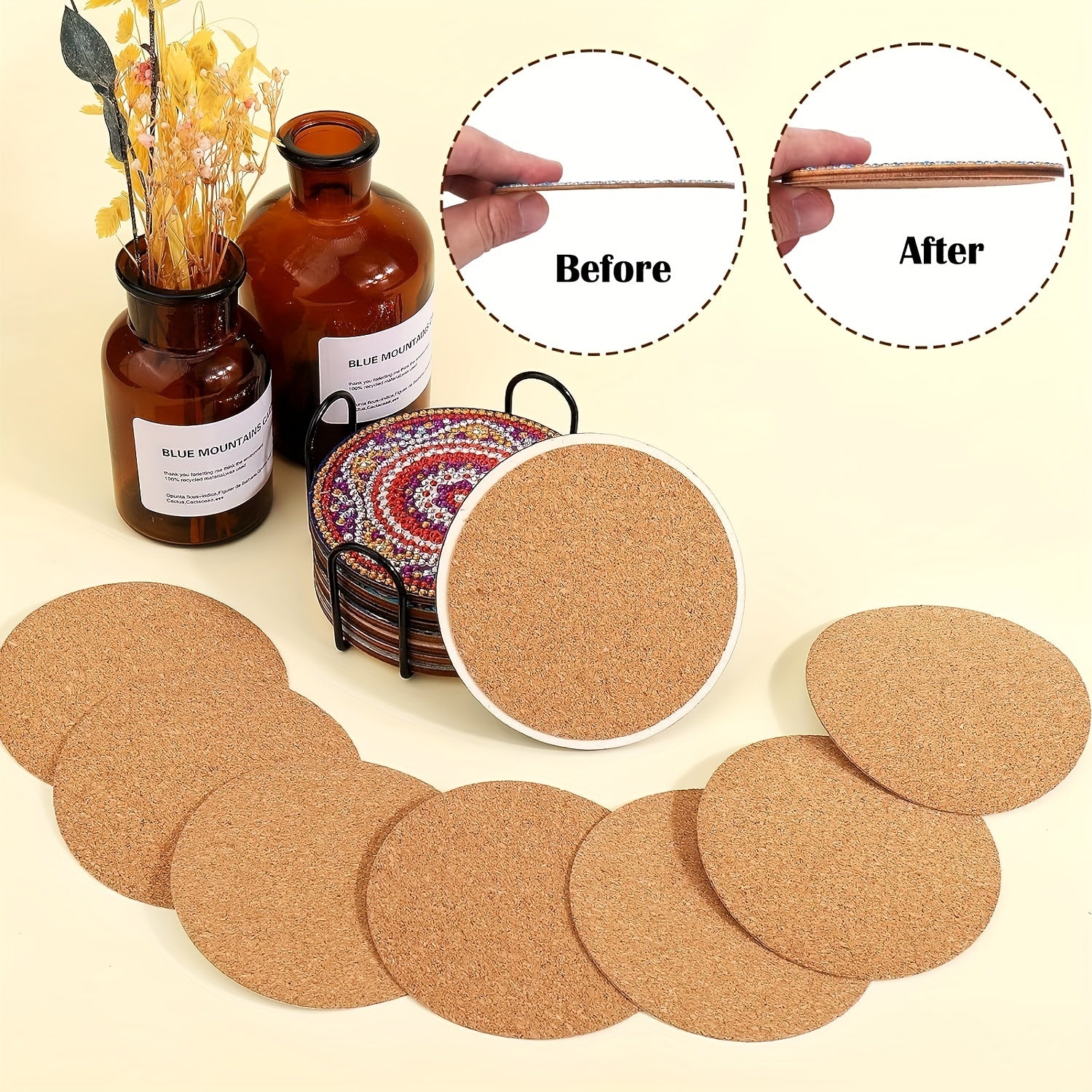 12 Pack DIY Cork Coasters - 3.5 Inch Self Adhesive Wooden Mats