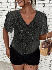  Dot Print Button Up Short Sleeve V Neck Top