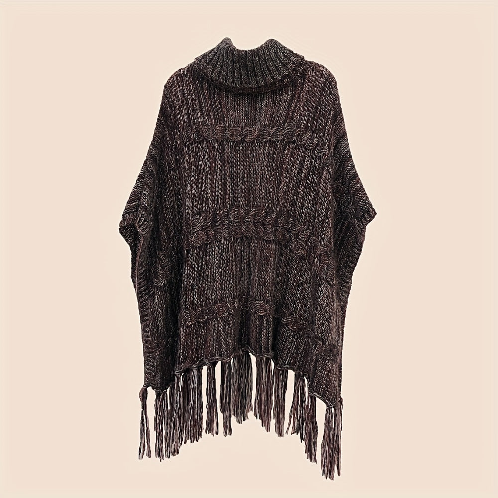 Wine Red Ribbed Knitted Cape Tassel Shawl Warm Pullover Cardigan