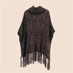 Wine Red Ribbed Knitted Cape Tassel Shawl Warm Pullover Cardigan