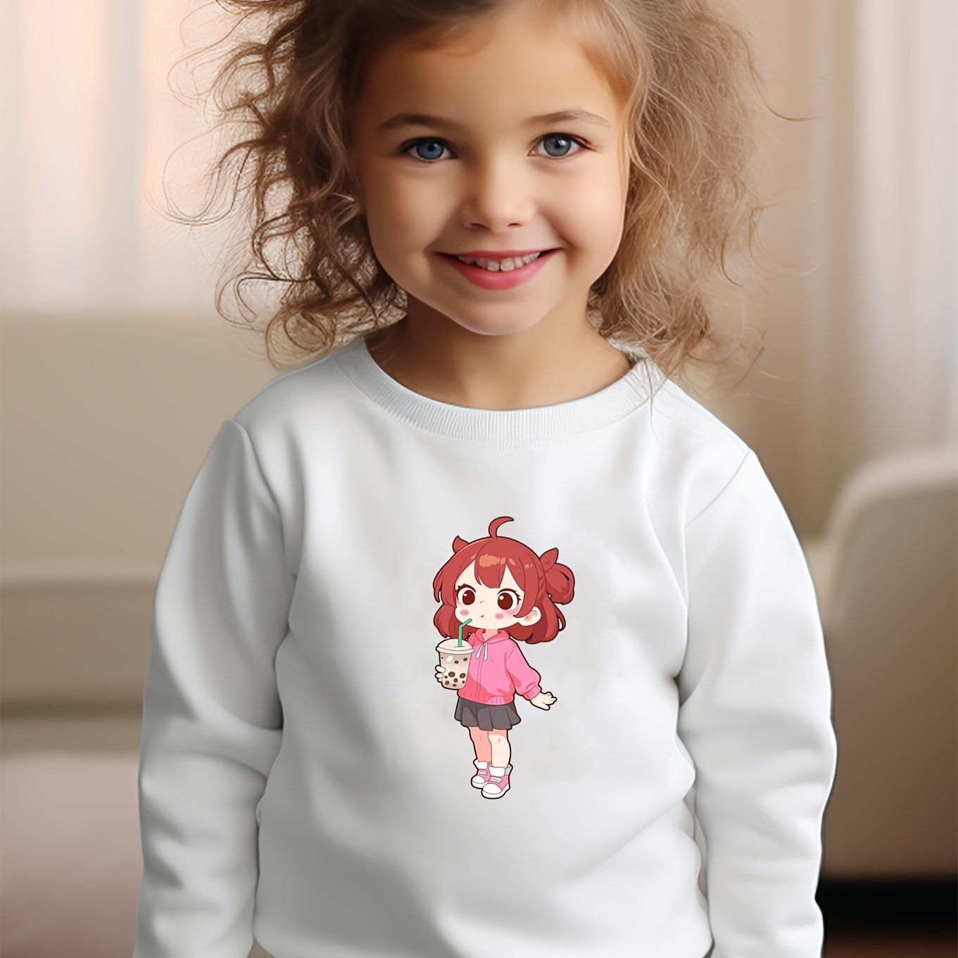 Girls Girl Pattern Crew Neck Long Sleeve Sweatshirt For Spring Fall