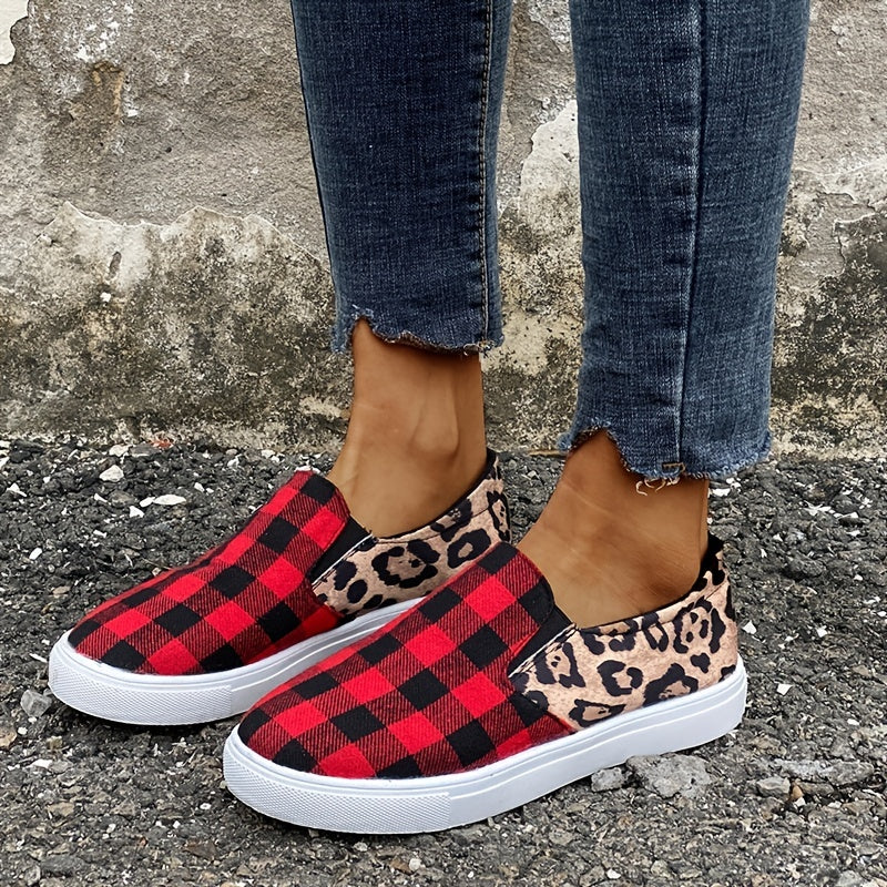 Leopard Print & Plaid Loafers Slip On Canvas Shoes