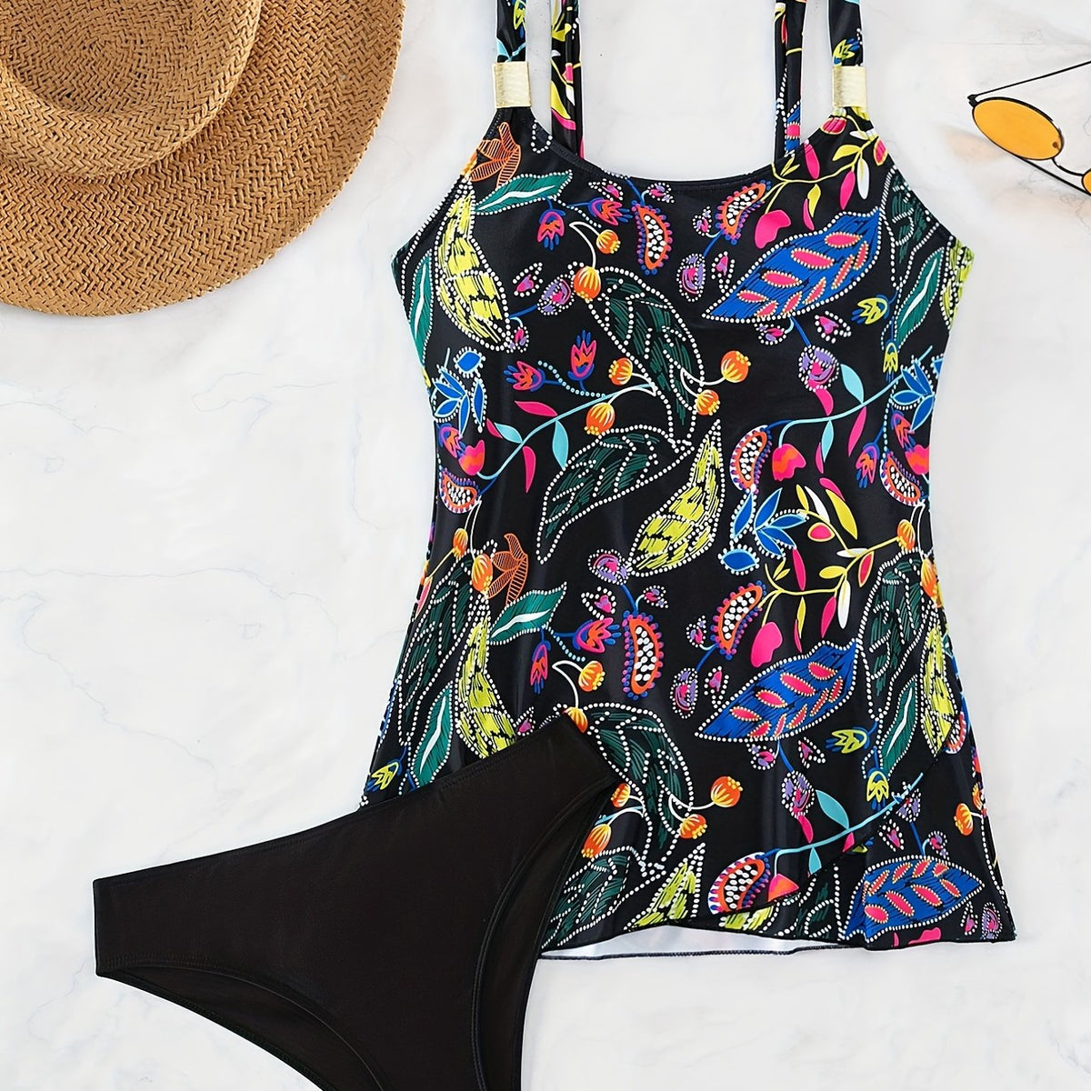 Floral Print Wide Straps Tankini Swimsuit Set Women's Swimwear