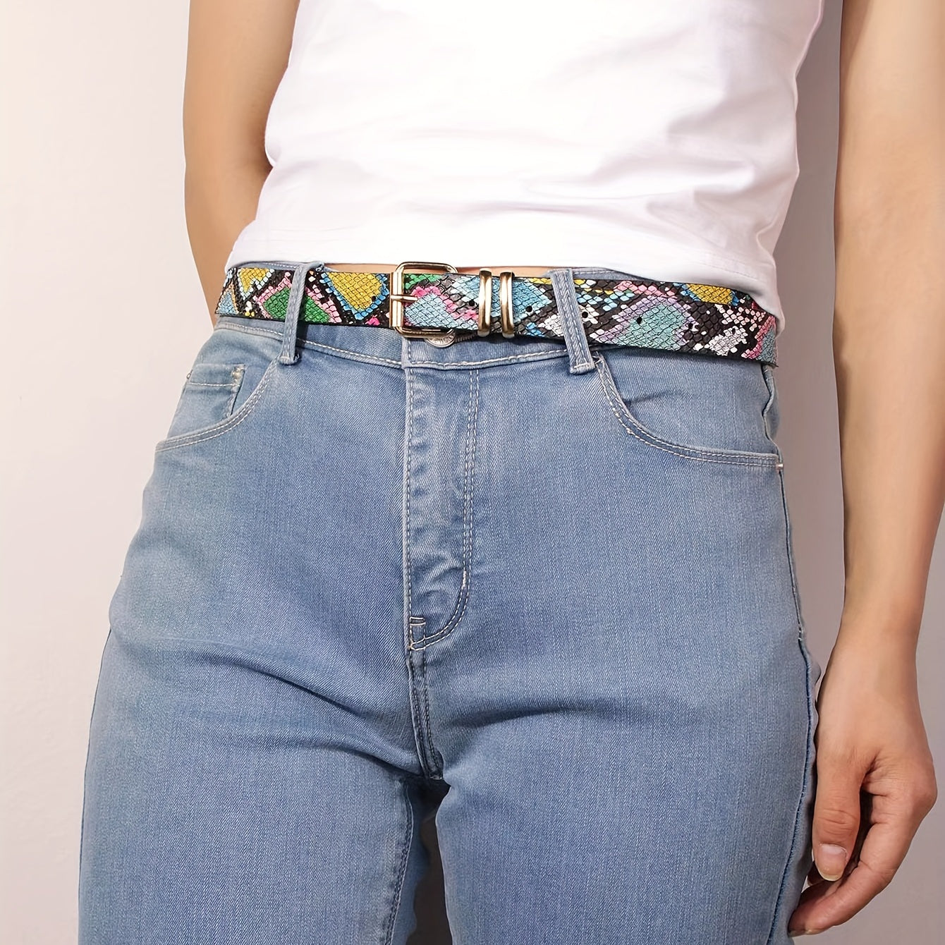 Colorful Snake Pattern Waist Belt Double Loop Thin PU Leather Pin Buckle