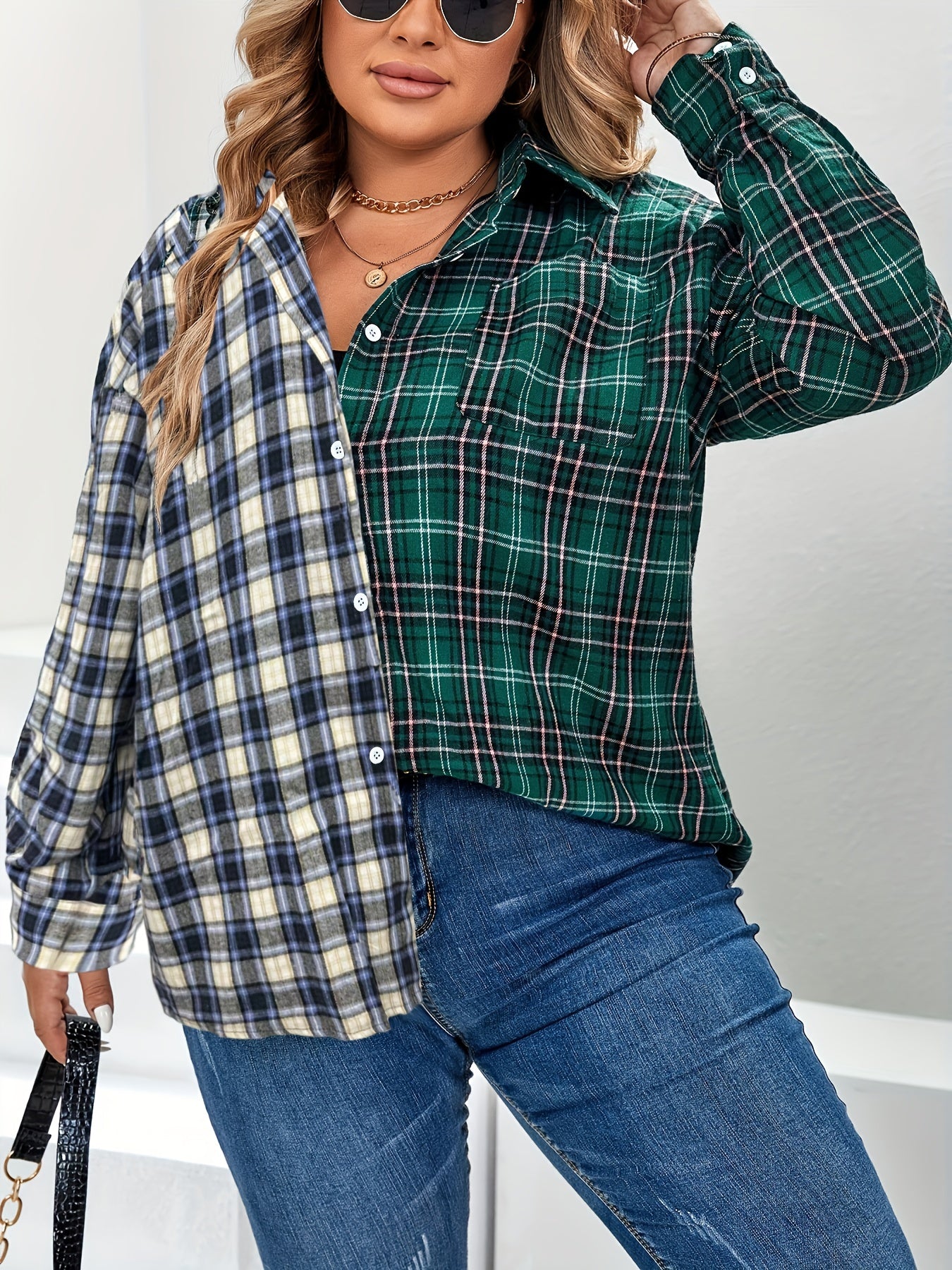  Casual Blouse Women's Plus Colorblock Plaid Print Long Sleeve