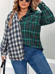  Casual Blouse Women's Plus Colorblock Plaid Print Long Sleeve