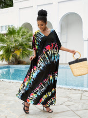  Boho Cover Up V Neck Bat Sleeve Split Dress