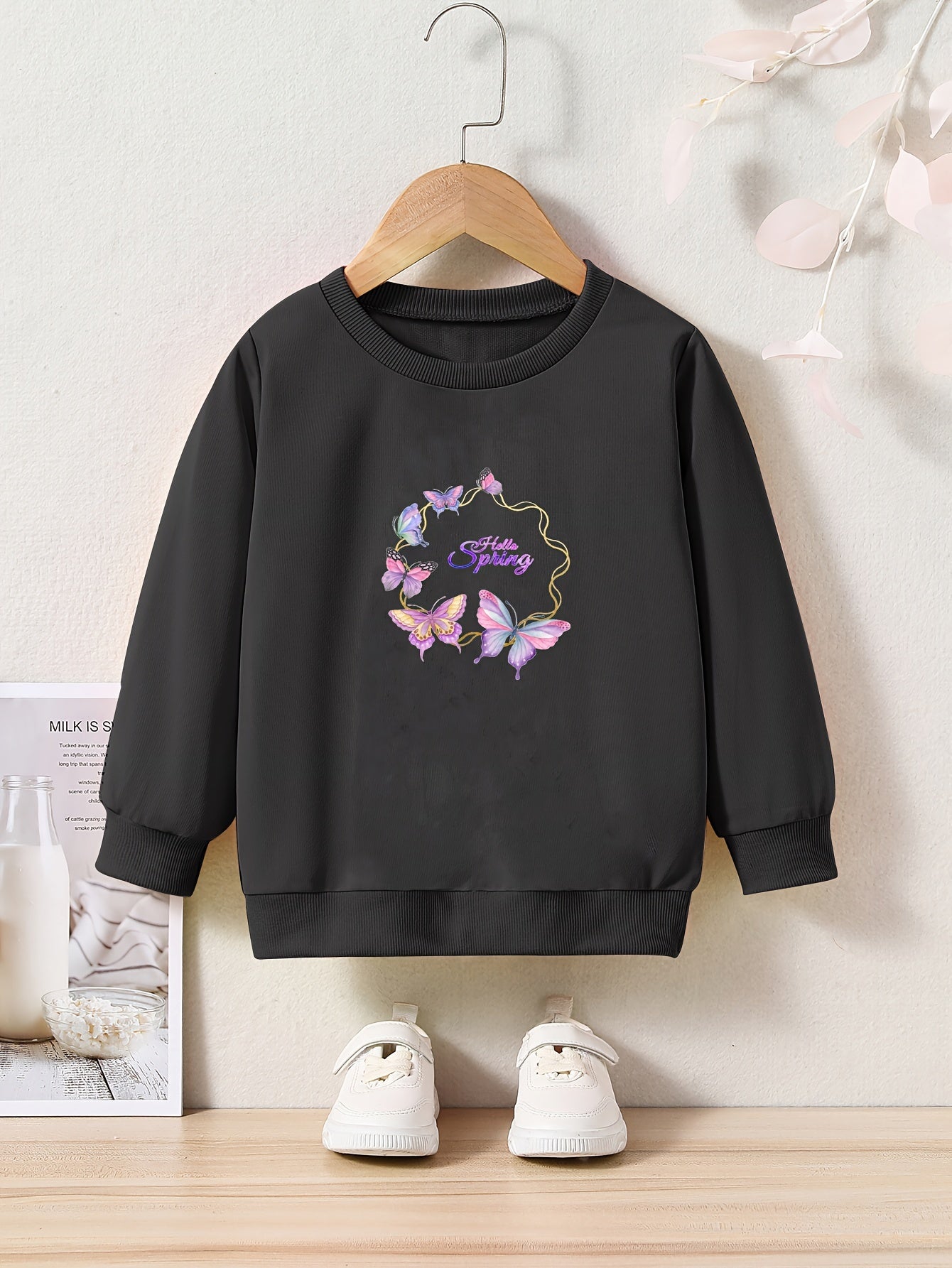 Spring Butterfly Print Girls Pullover Sweatshirt Long Sleeve Crew Neck Tops