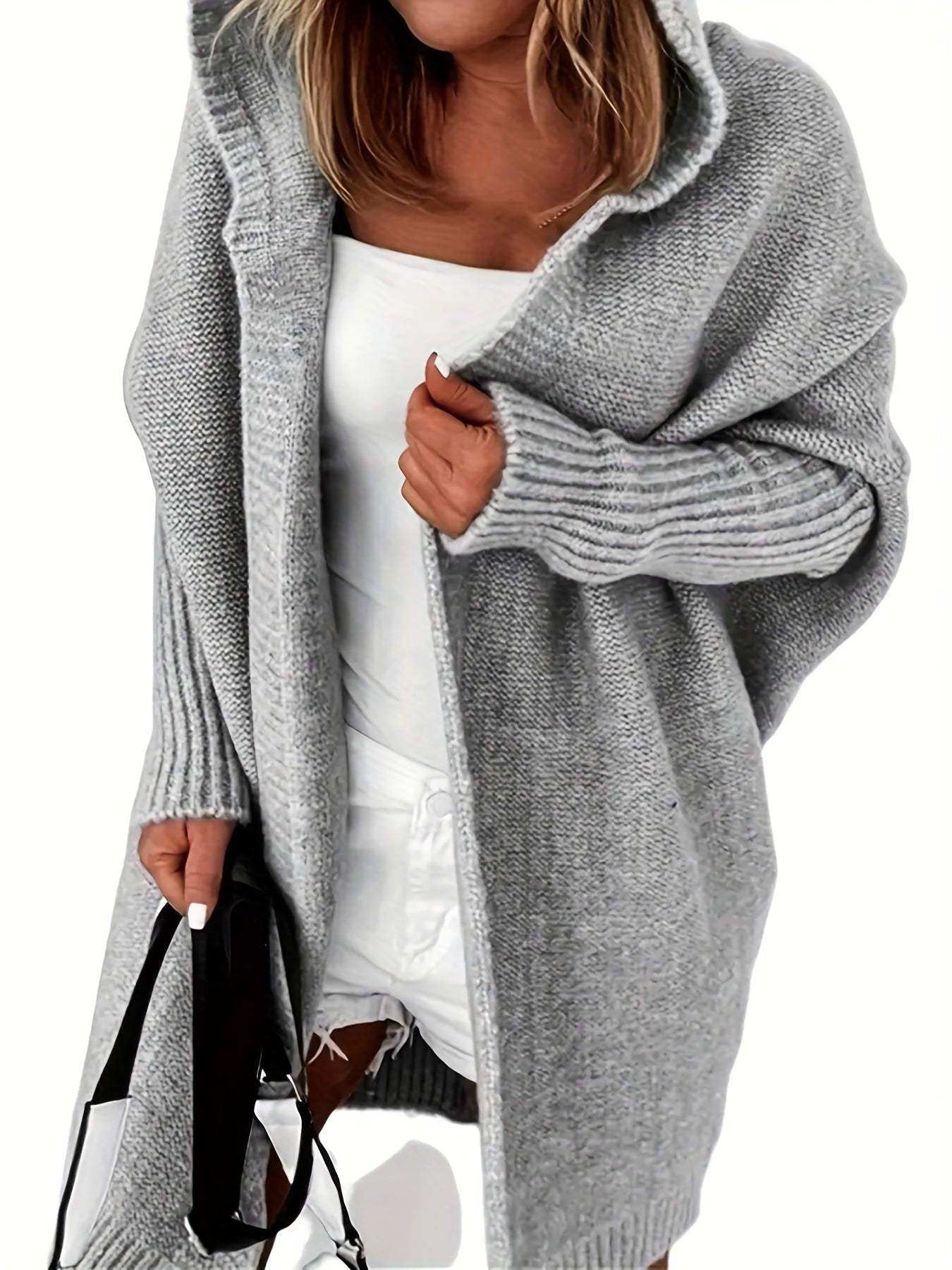  Open Front Batwing Sleeve Hooded Sweater Cardigan