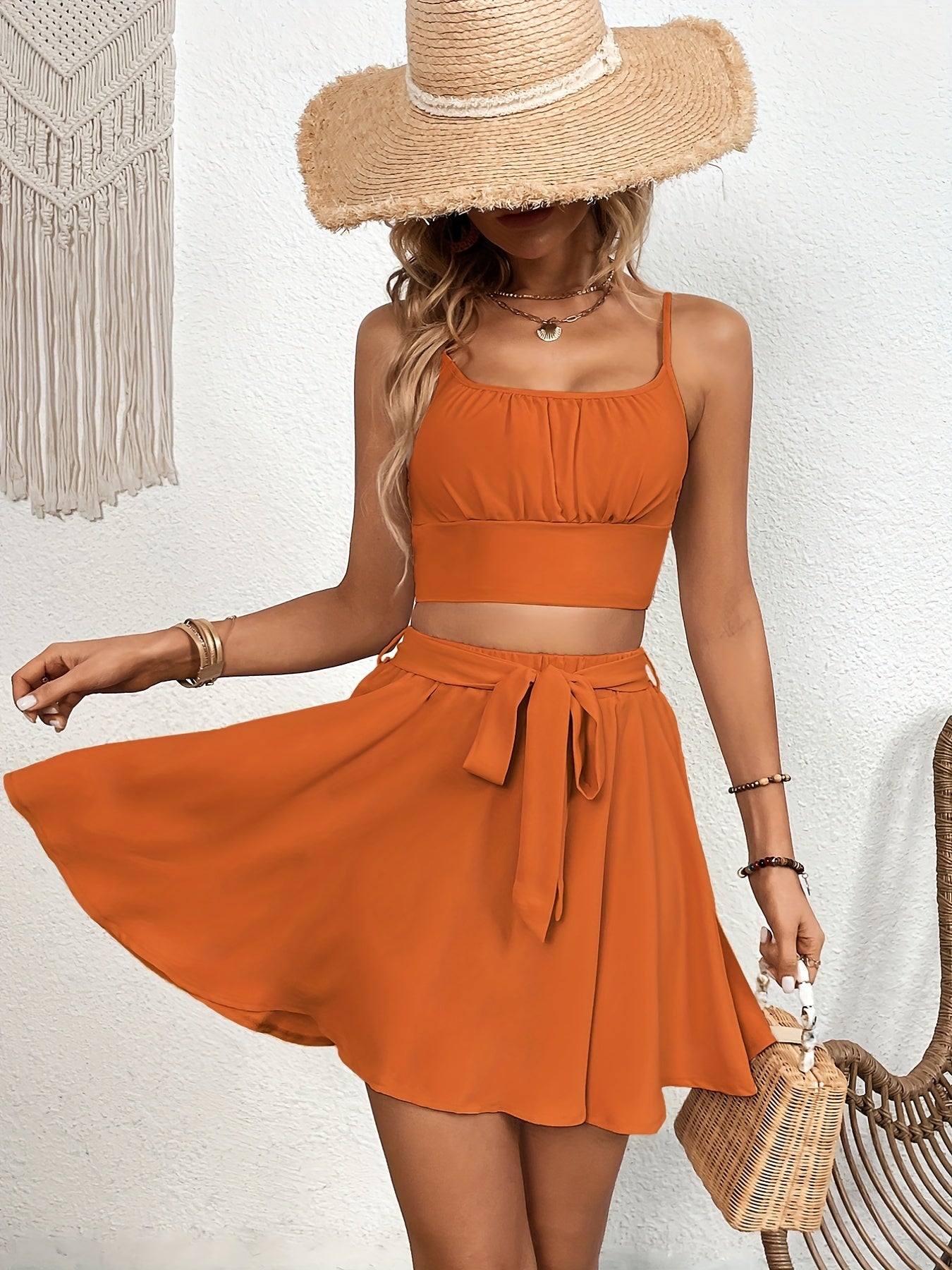Solid Two Piece Skirt Set Crop Top & Tie Front Skirt Women's Outfit