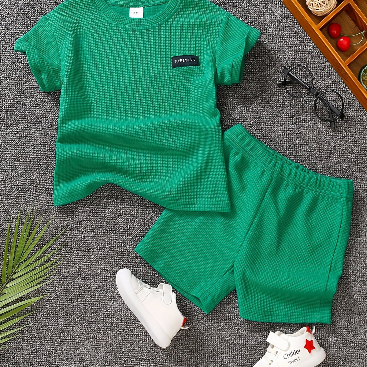 Boys Waffle Pattern Casual Outfit - T shirt & Shorts For Summer