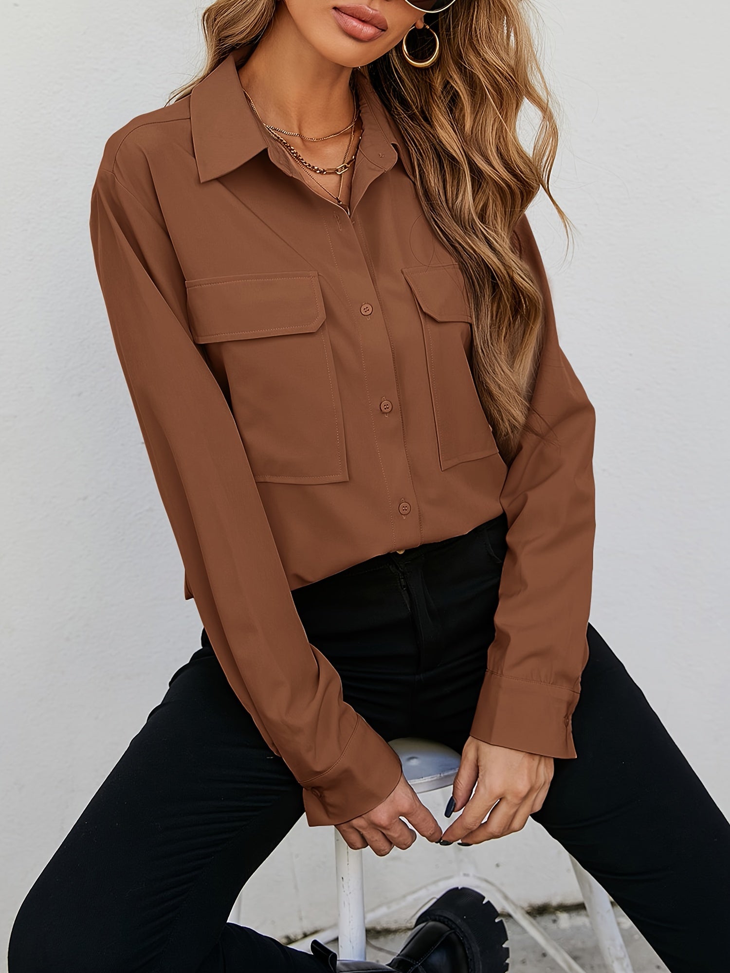  Solid Button Up Long Sleeve Blouse With Pockets
