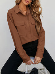  Solid Button Up Long Sleeve Blouse With Pockets