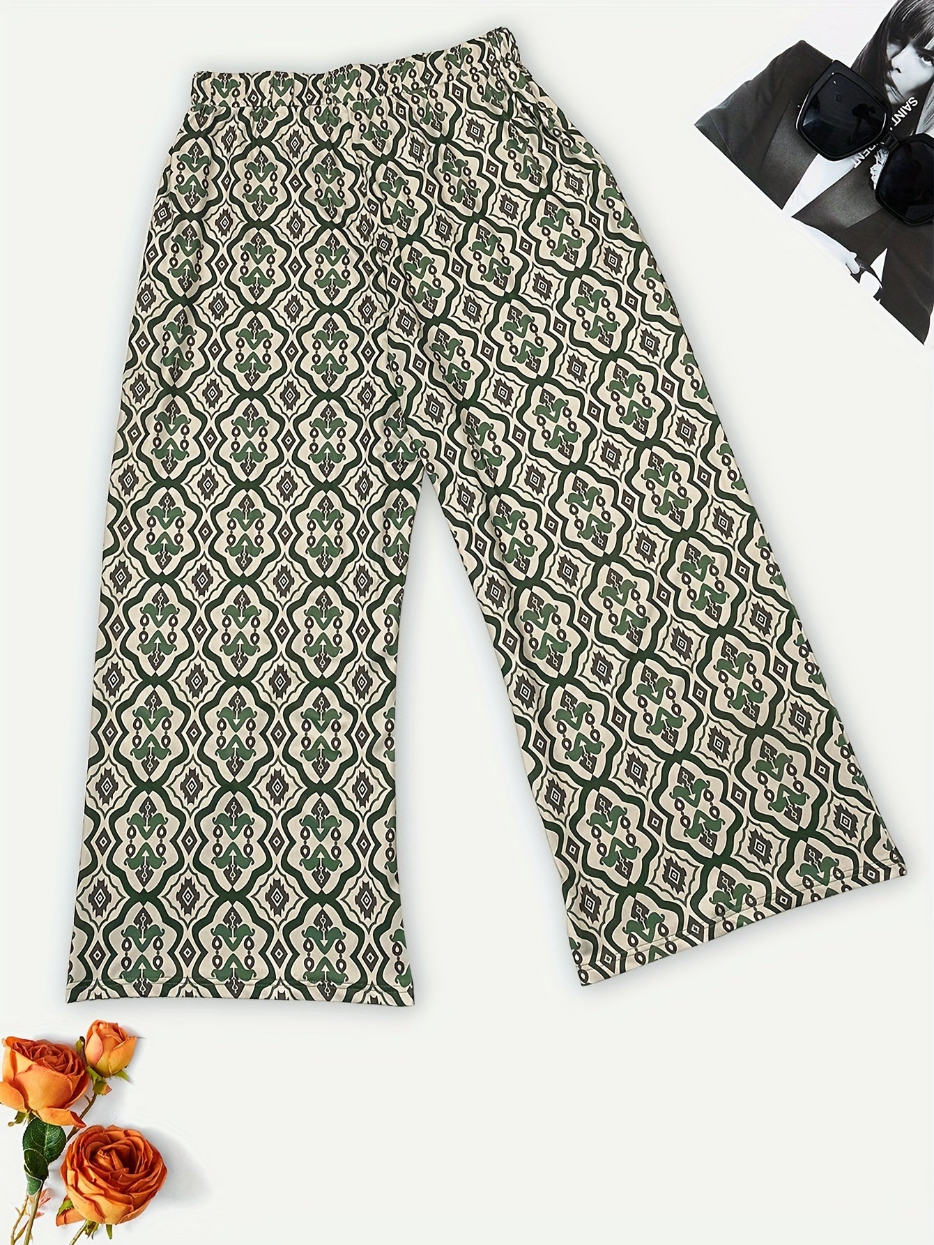 Floral Print Wide Leg Boho Pants with Pockets