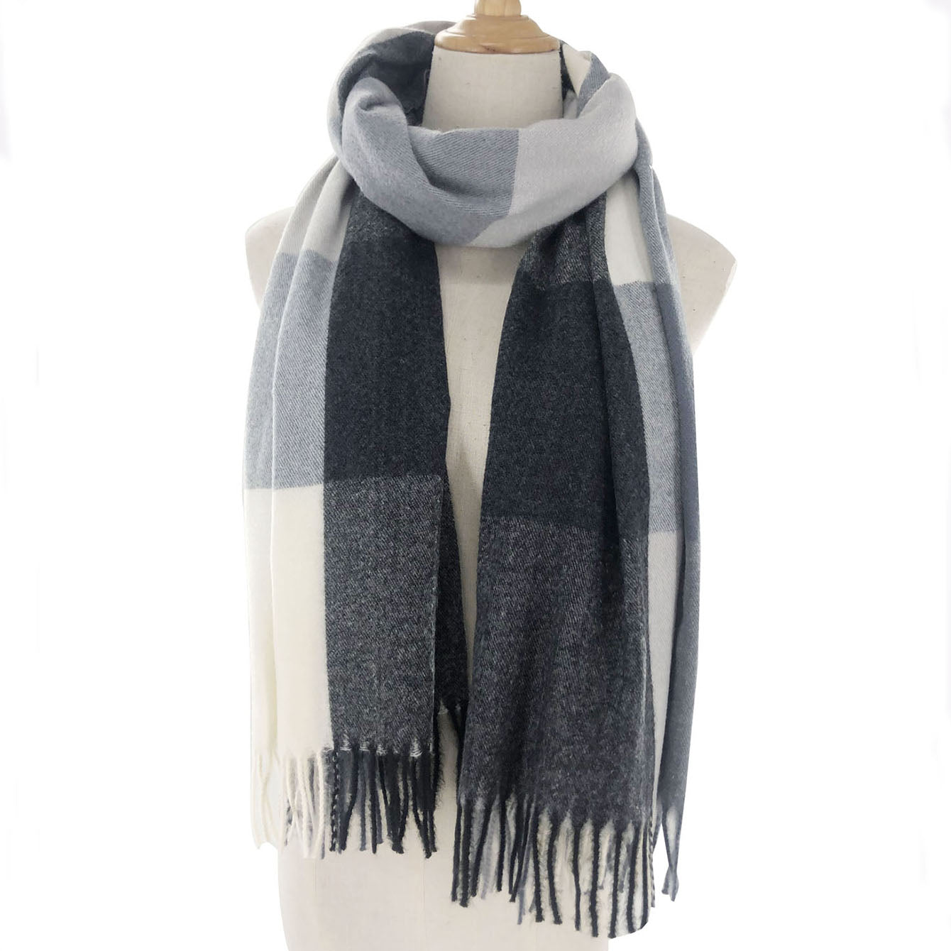 Geometric Plaid Tassel Scarf for Women Windproof Wrap