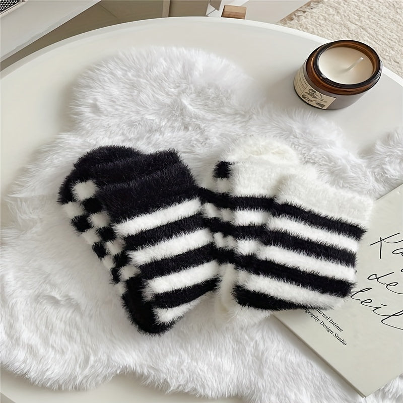 2 Pairs Striped Fuzzy Socks Women's Mid Tube Stockings
