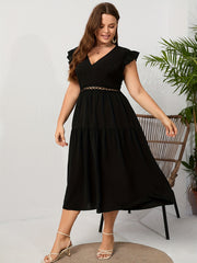 Plus Size V Neck Lace Ruffle Sleeve Stretch Dress