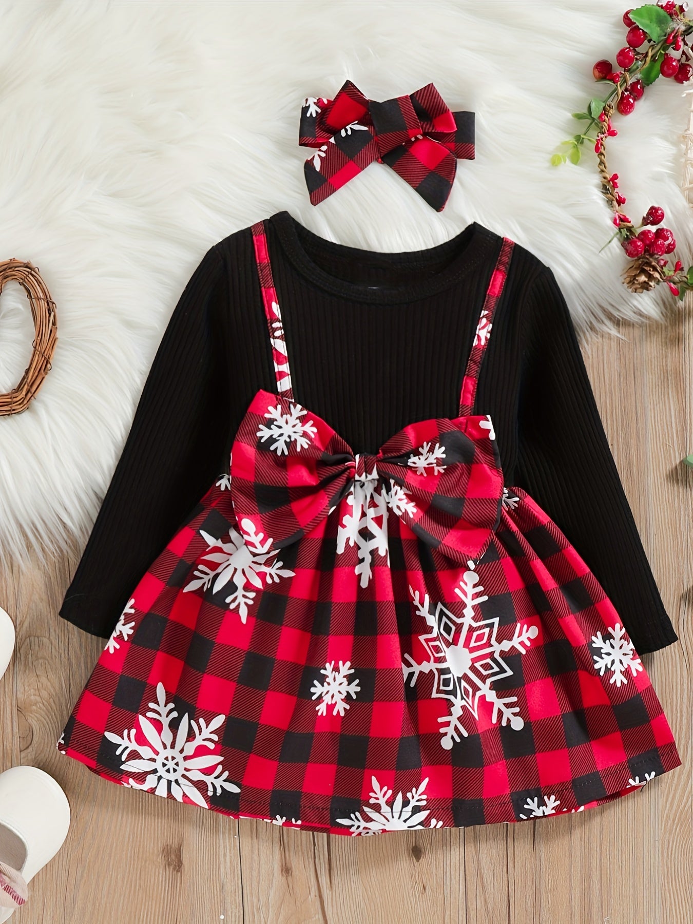 Toddler Girl Cotton Ribbed Plaid Dress & Headband Set