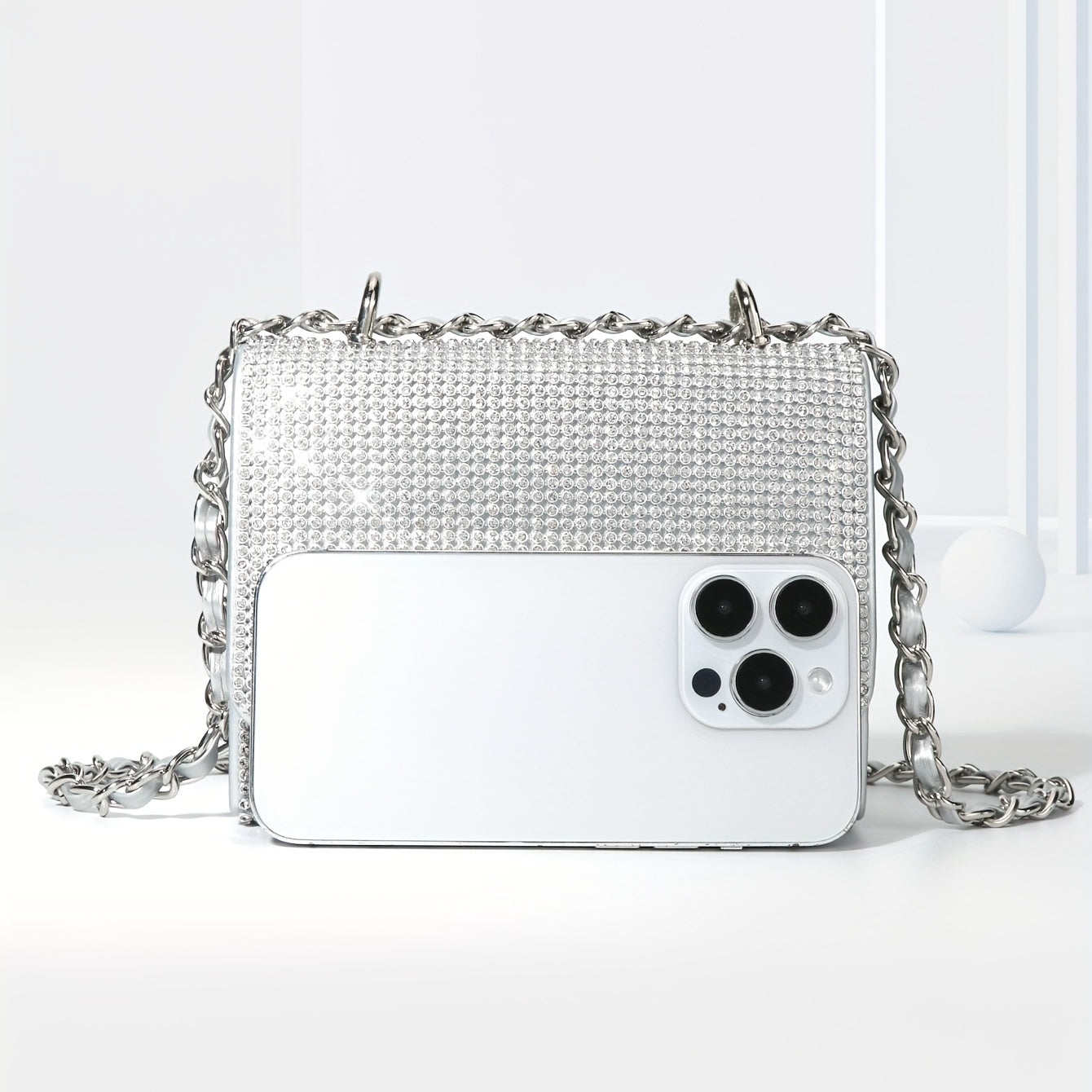 Glitter Chain Evening Bag for Party, Rhinestone Square Flap Bag