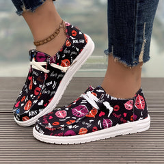 Women's Skate Shoes with Heart & Lips Pattern, Lace-up Canvas
