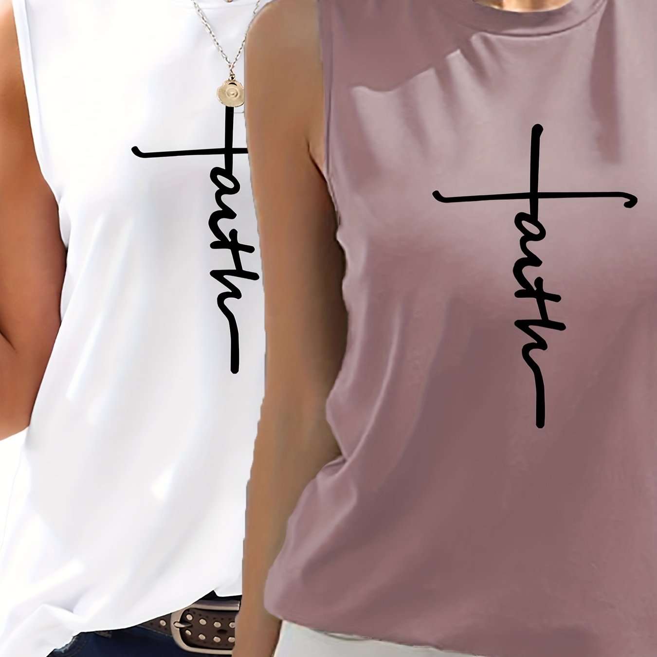 Faith Print 2pcs Tank Top Set Sleeveless Crew Neck Casual Two piece Set