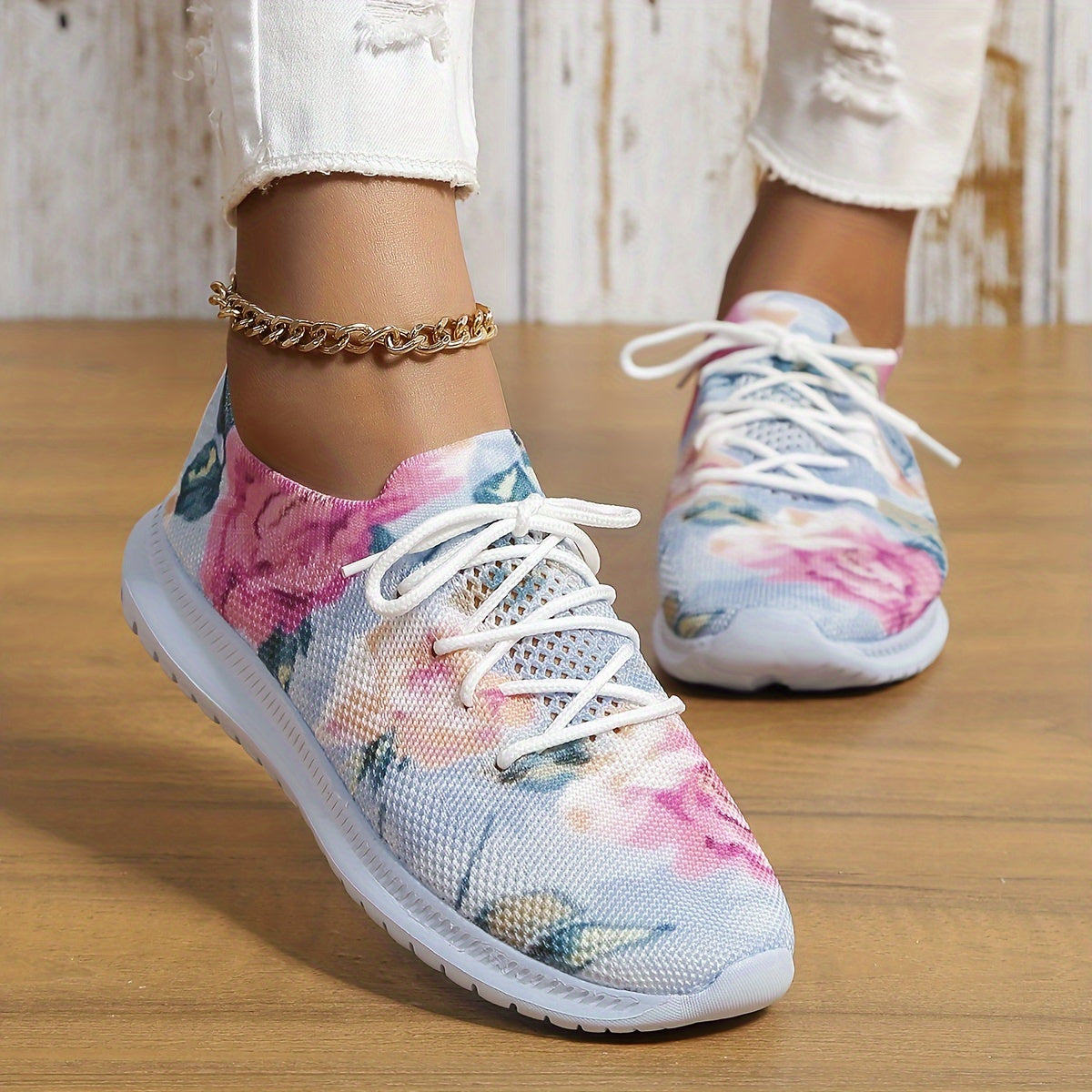 Flower Print Mesh Lightweight Running Shoes Breathable Non Slip Outdoor Sneakers
