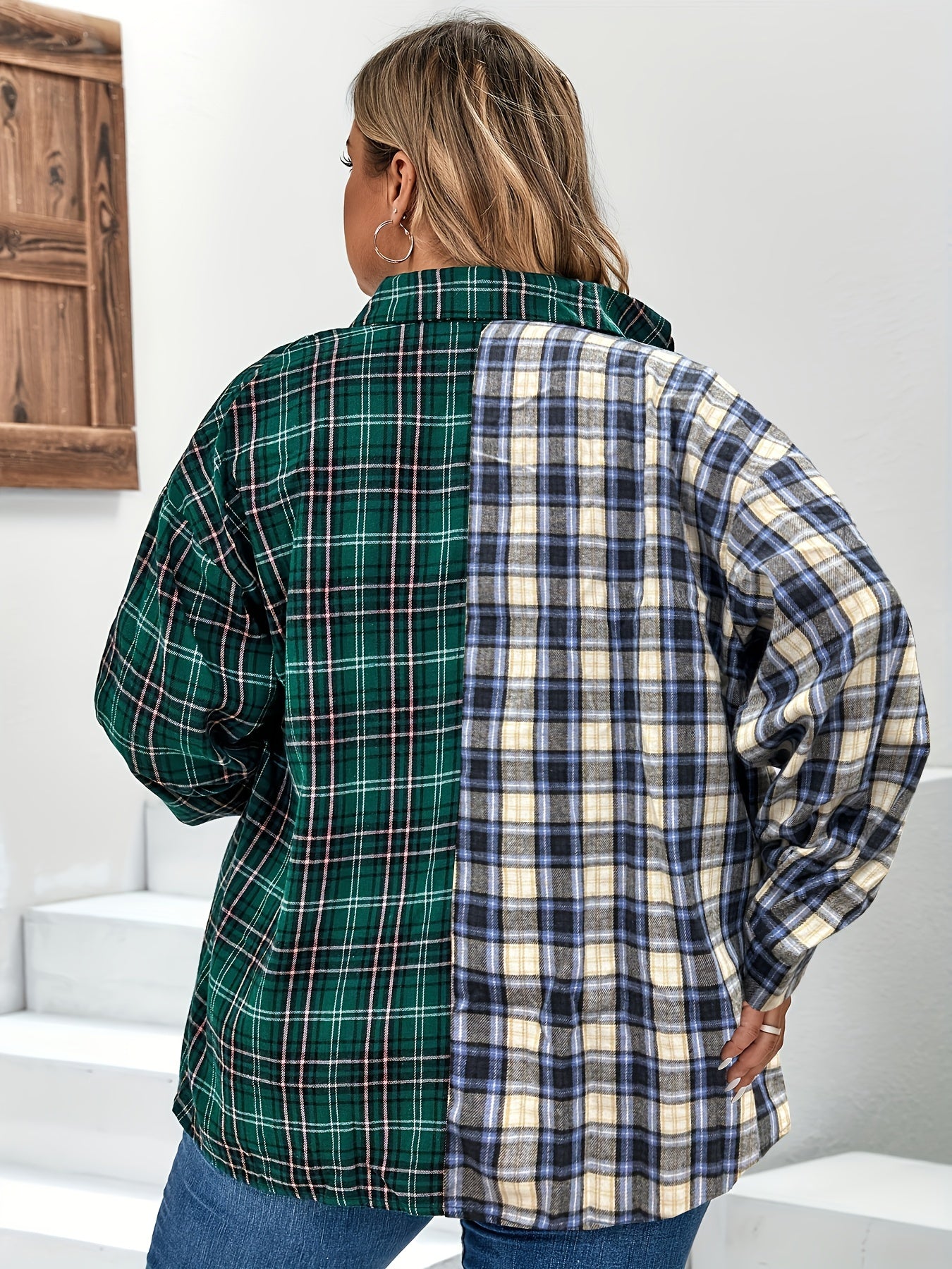  Casual Blouse Women's Plus Colorblock Plaid Print Long Sleeve