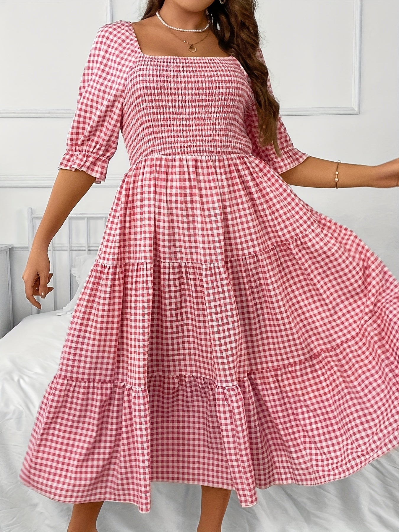 Gingham Print Shirred Bubble Sleeve Smock Dress