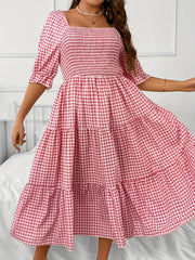  Gingham Print Shirred Bubble Sleeve Smock Dress