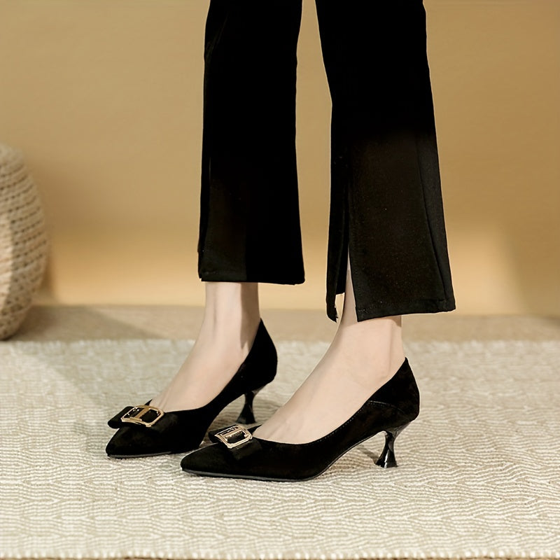 Women's Pointed Toe Kitten Heels with Metallic Buckle Decor
