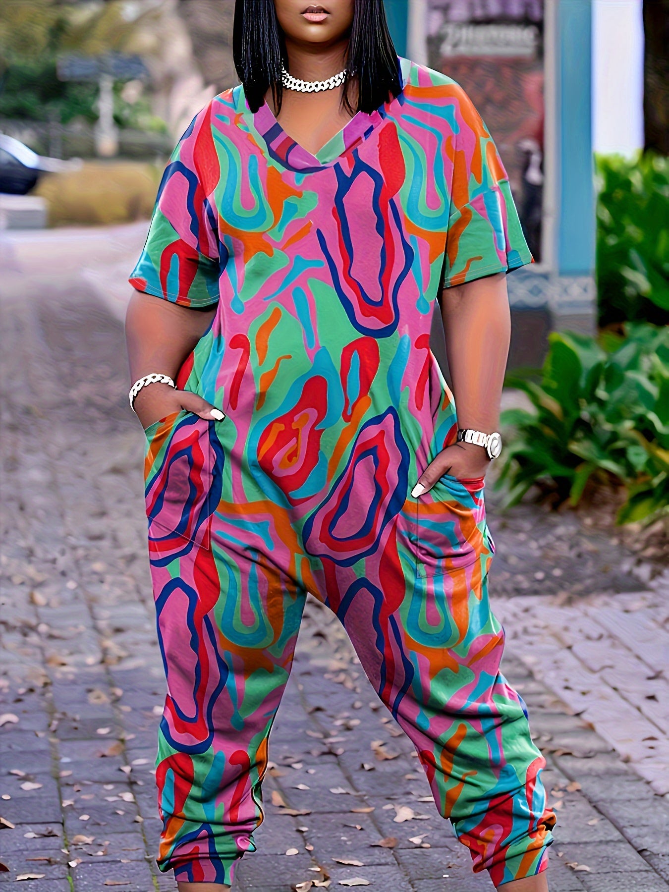  Colorblock Abstract Print V Neck Jumpsuit