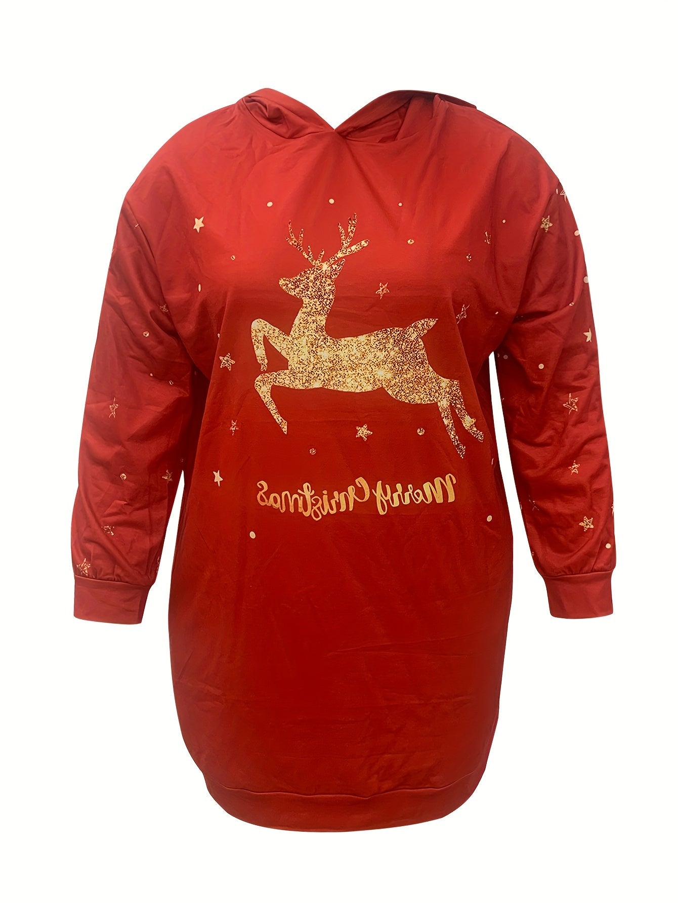  Christmas Casual Dress Women's Plus Slogan & Deer Print Hooded Dress