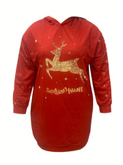  Christmas Casual Dress Women's Plus Slogan & Deer Print Hooded Dress