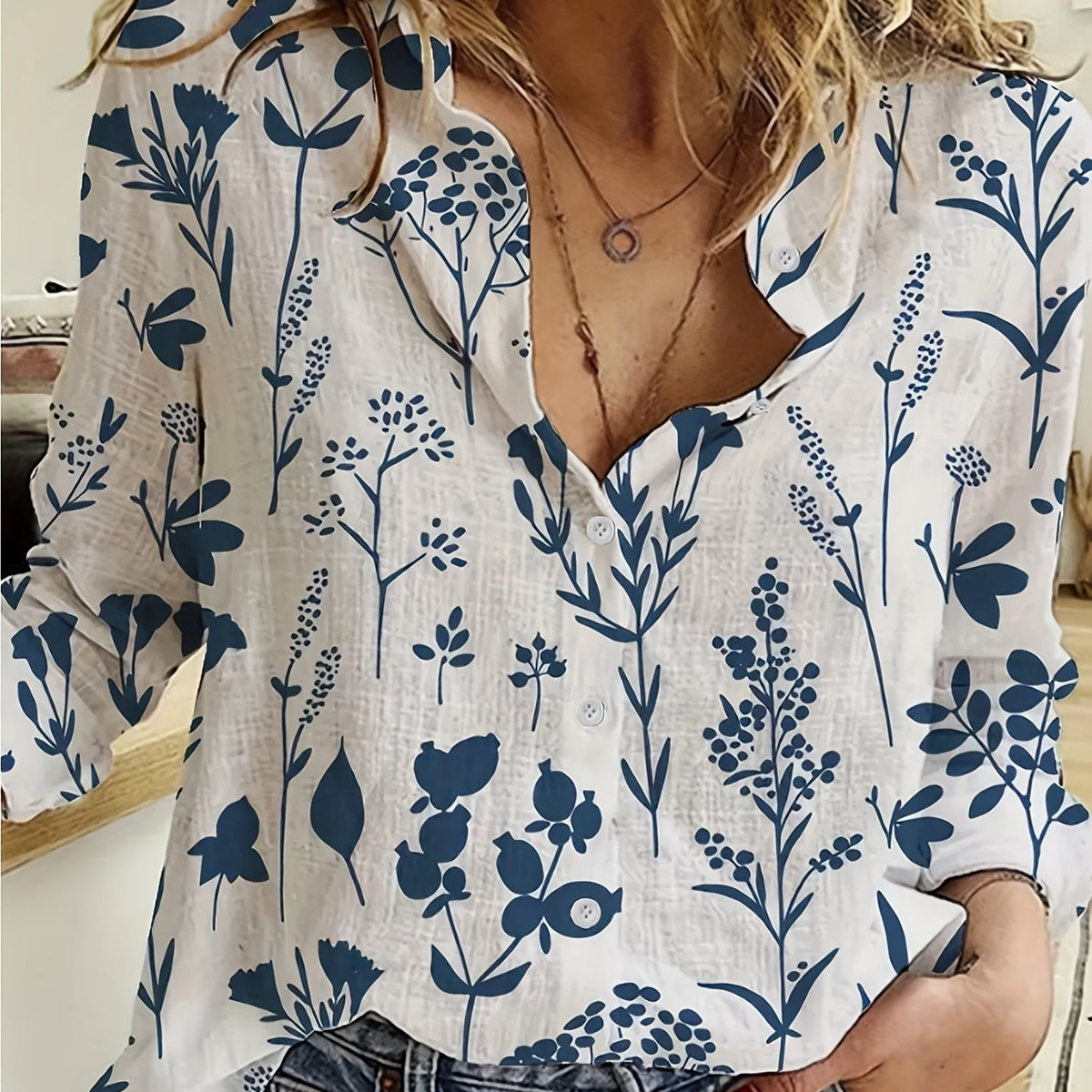  Floral Print Button Up Long Sleeve Blouse