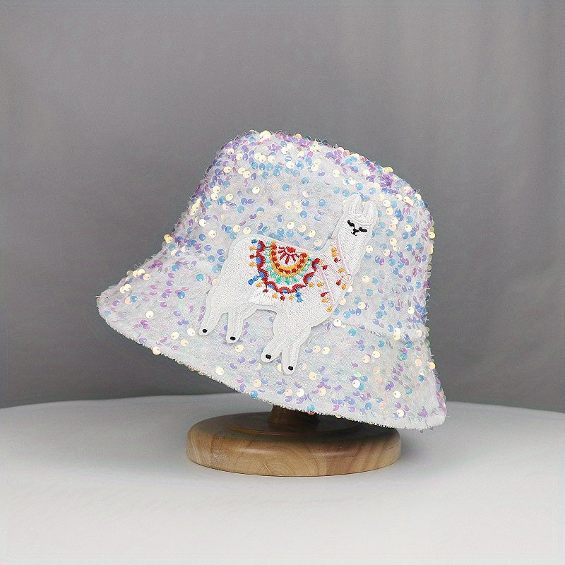 Alpaca Embroidery Sequin Bucket Hat Glitter Fisherman Cap