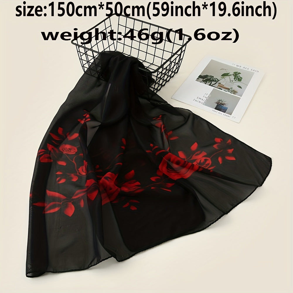 Rose Flower Print Chiffon Shawl Scarf for Beach Vacation