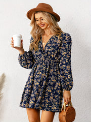  Ditsy Floral Print Lantern Sleeve Mini Dress