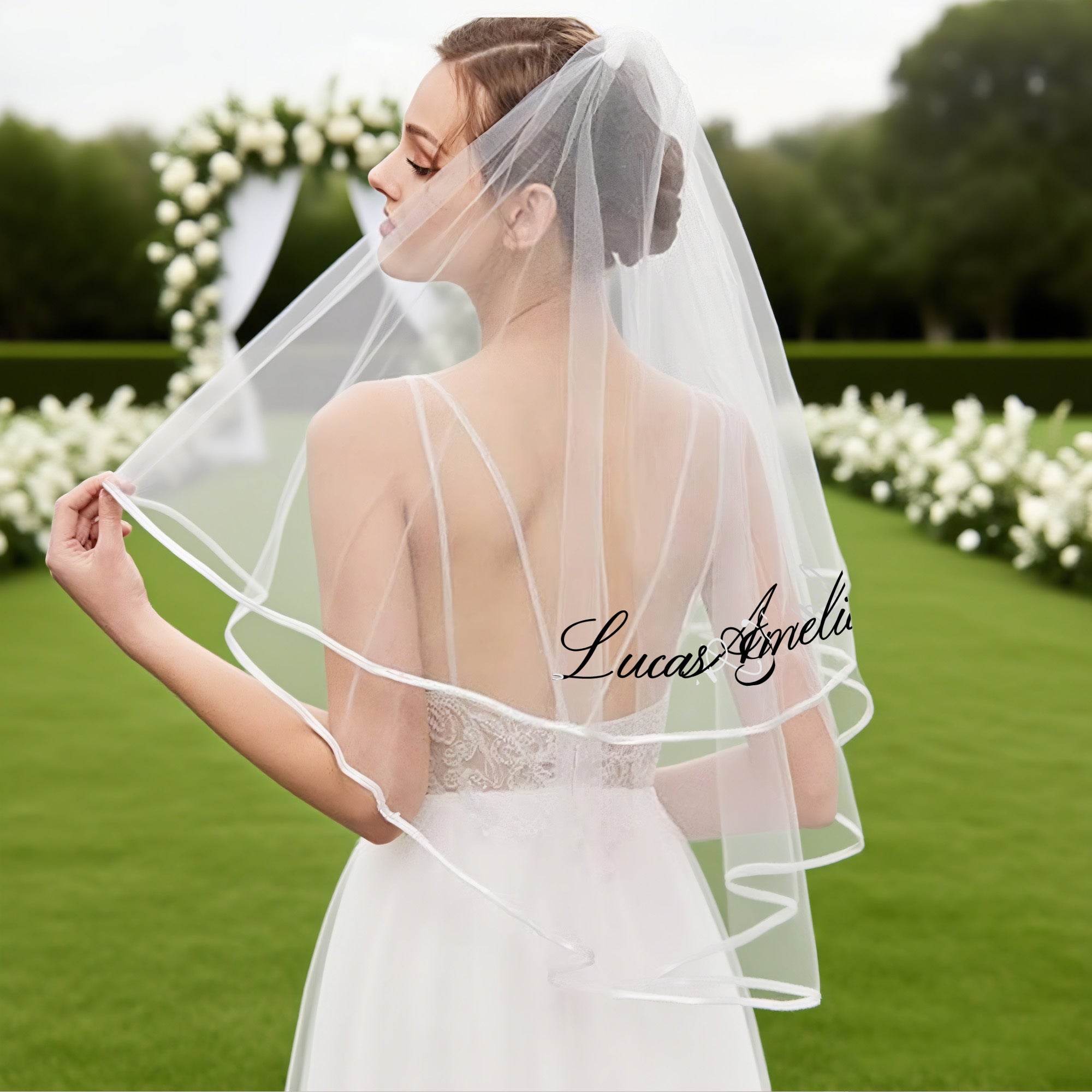 Custom Cursive Name Bridal Veil Sheer Wedding Veil with Train