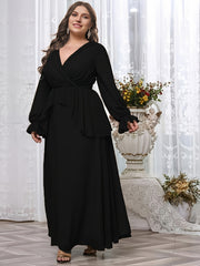  Solid Layered Flounce Sleeve Maxi Formal Dress