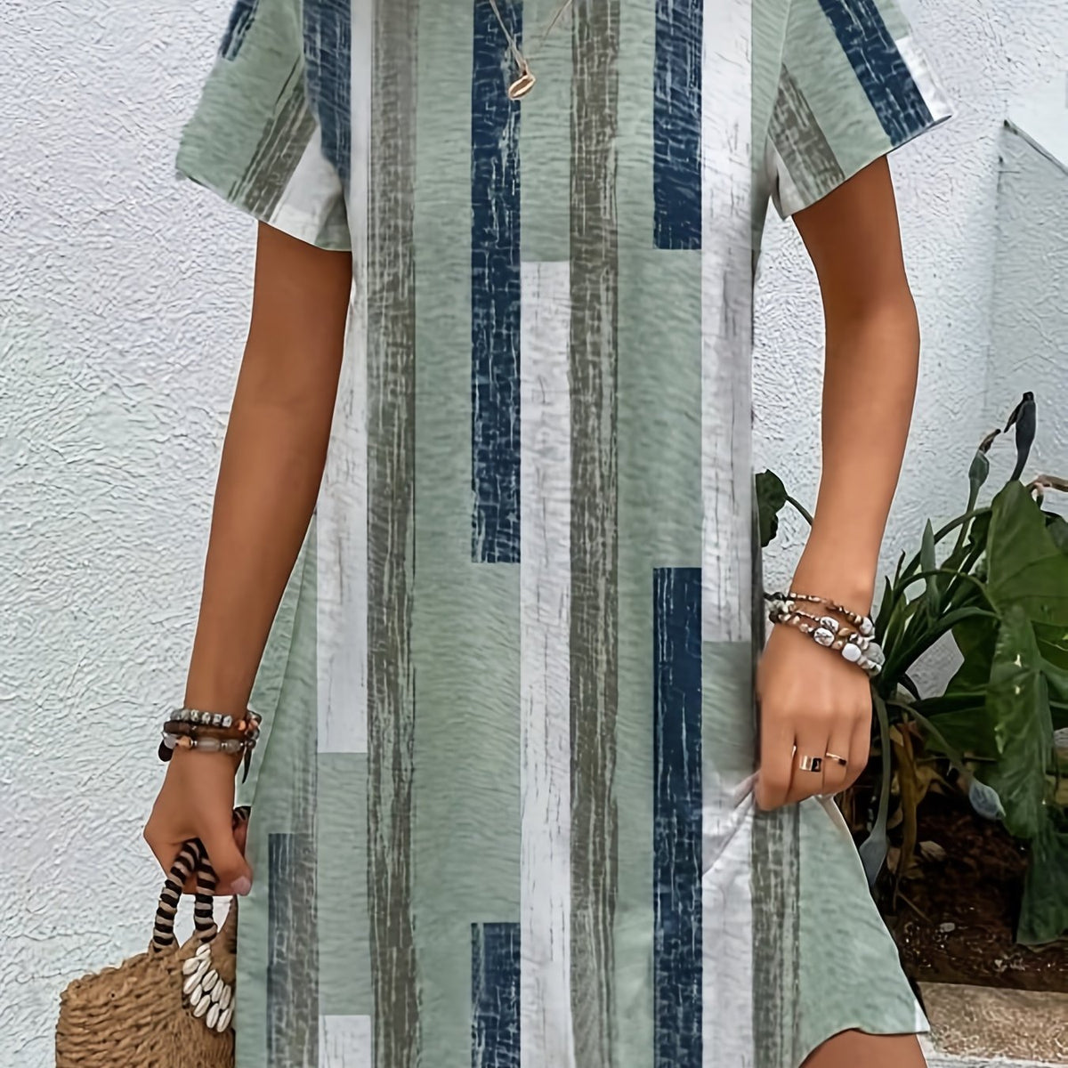  Colorblock Stripe Print Tee Dress