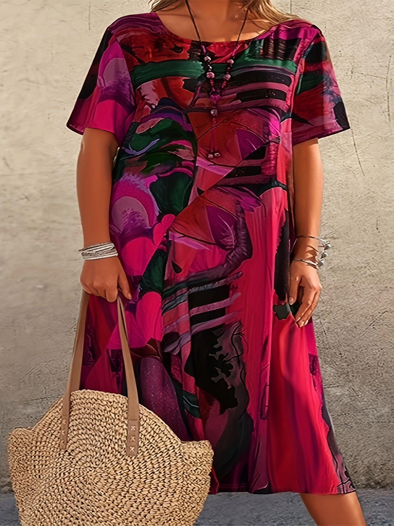  Casual Dress Women's Plus Painting Print Short Sleeve Midi Dress