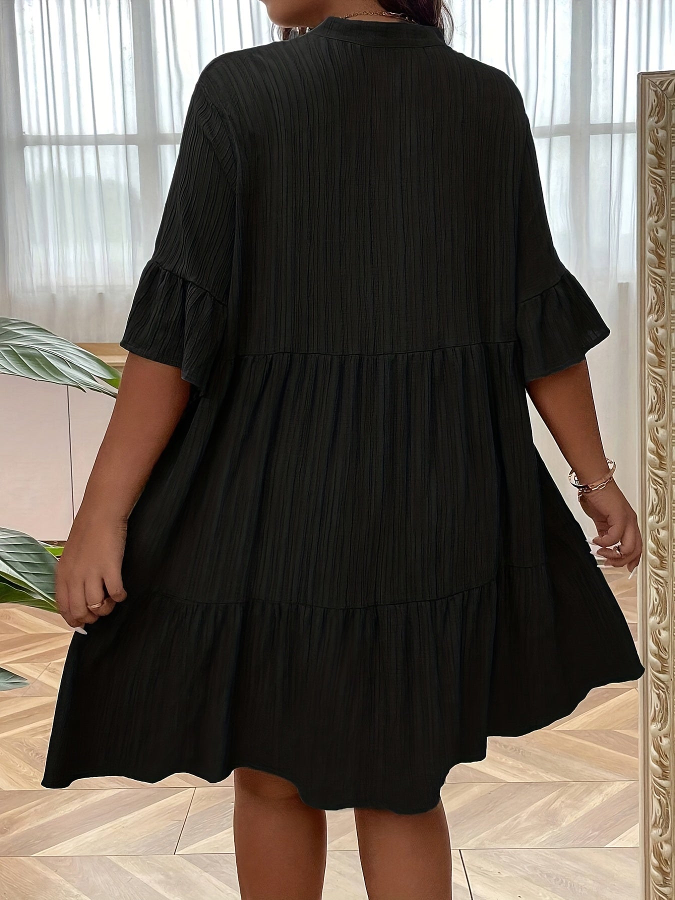  Flounce Sleeve Notched Neck Smock Dress